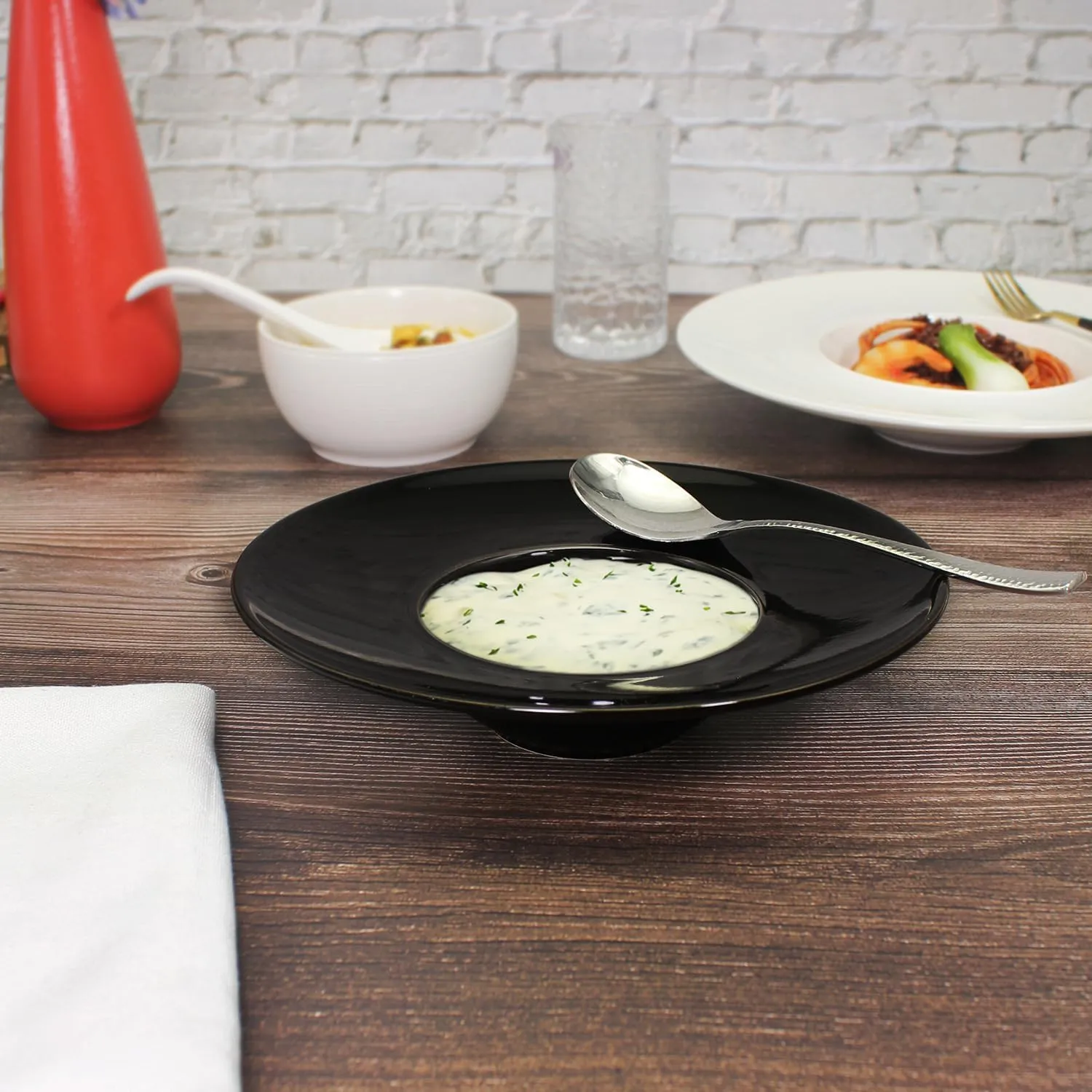 Ceramics Rimmed Soup Bowls 5.1 oz, Black 8.5 inch Exquisite small soup plate Set of 4, Pasta plates With Rim is the best choice for hotels, kitchens, fine restaurants and gourmets