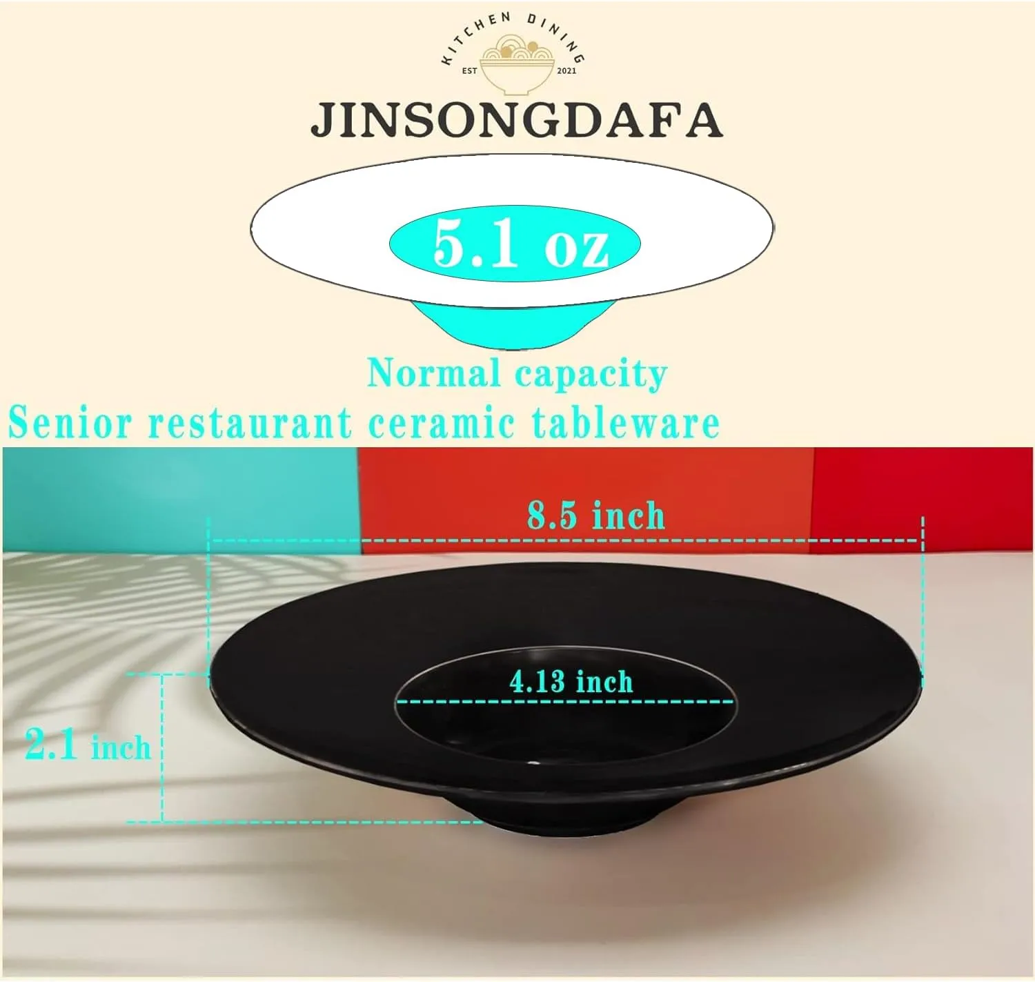 Ceramics Rimmed Soup Bowls 5.1 oz, Black 8.5 inch Exquisite small soup plate Set of 4, Pasta plates With Rim is the best choice for hotels, kitchens, fine restaurants and gourmets