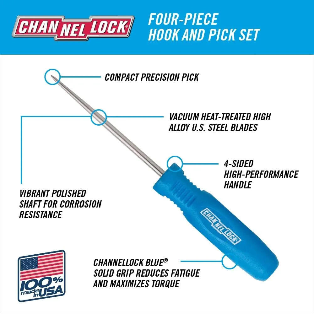 Channellock HP-4A 4 Piece Precision Hook and Pick Set, Useful as Gunsmith Tools, Removing Small Fuses, Wire plugs and o-rings, Heat Treated Alloy Steel Blades for Extended Tool Life, Made in the USA