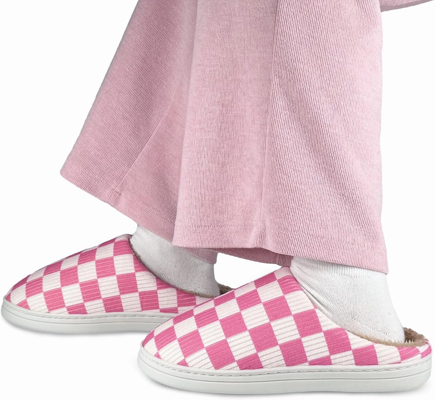 Checkered Memory Foam Slippers - Women's & Men's Soft Warm Bedroom House Slippers with Faux Fur Lining - Indoor/Outdoor - Pink, White, Black - Size 8/9