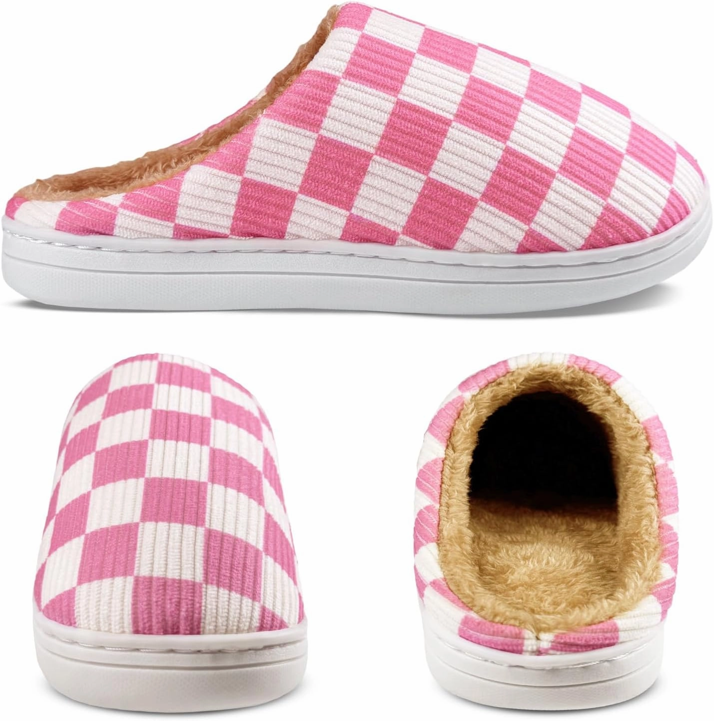 Checkered Memory Foam Slippers - Women's & Men's Soft Warm Bedroom House Slippers with Faux Fur Lining - Indoor/Outdoor - Pink, White, Black - Size 8/9