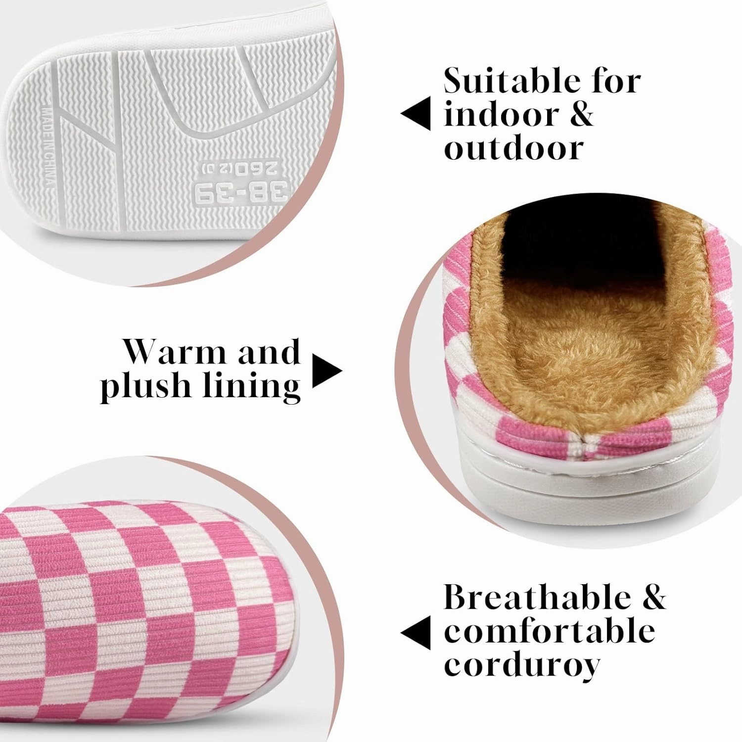Checkered Memory Foam Slippers - Women's & Men's Soft Warm Bedroom House Slippers with Faux Fur Lining - Indoor/Outdoor - Pink, White, Black - Size 8/9