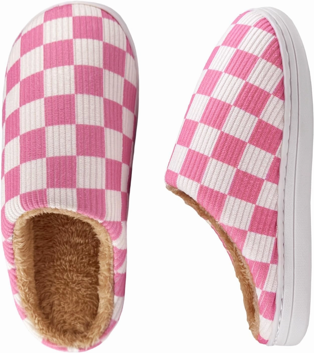 Checkered Memory Foam Slippers - Women's & Men's Soft Warm Bedroom House Slippers with Faux Fur Lining - Indoor/Outdoor - Pink, White, Black - Size 8/9