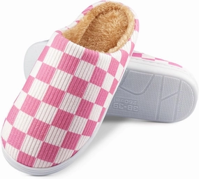 Checkered Memory Foam Slippers - Women's & Men's Soft Warm Bedroom House Slippers with Faux Fur Lining - Indoor/Outdoor - Pink, White, Black - Size 8/9