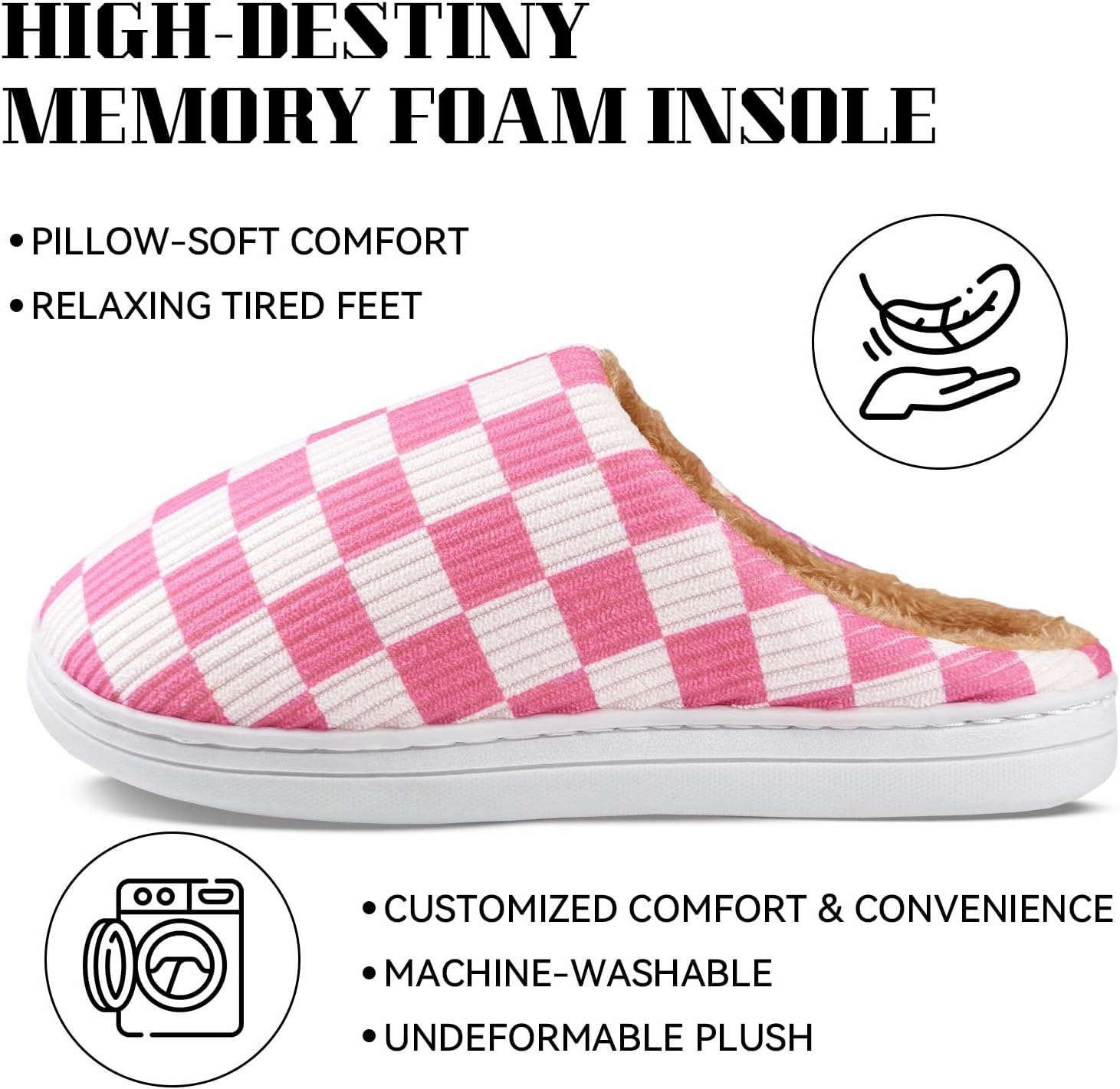 Checkered Memory Foam Slippers - Women's & Men's Soft Warm Bedroom House Slippers with Faux Fur Lining - Indoor/Outdoor - Pink, White, Black - Size 8/9