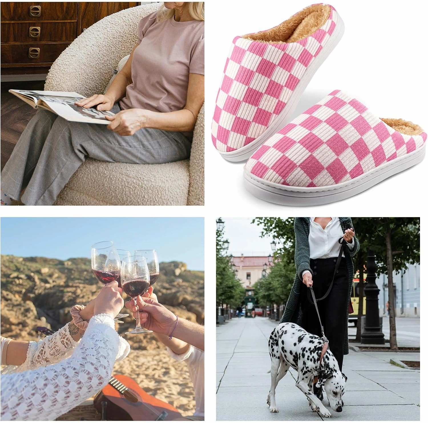 Checkered Memory Foam Slippers - Women's & Men's Soft Warm Bedroom House Slippers with Faux Fur Lining - Indoor/Outdoor - Pink, White, Black - Size 8/9