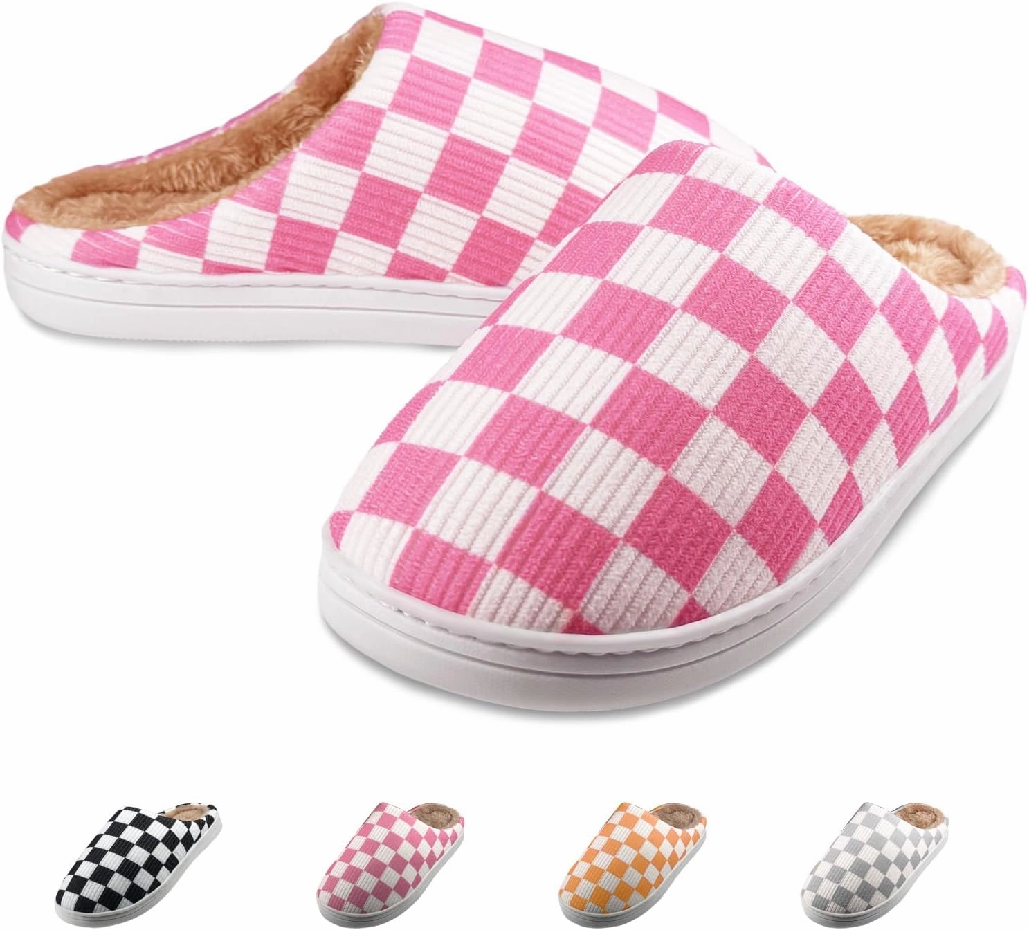 Checkered Memory Foam Slippers - Women's & Men's Soft Warm Bedroom House Slippers with Faux Fur Lining - Indoor/Outdoor - Pink, White, Black - Size 8/9