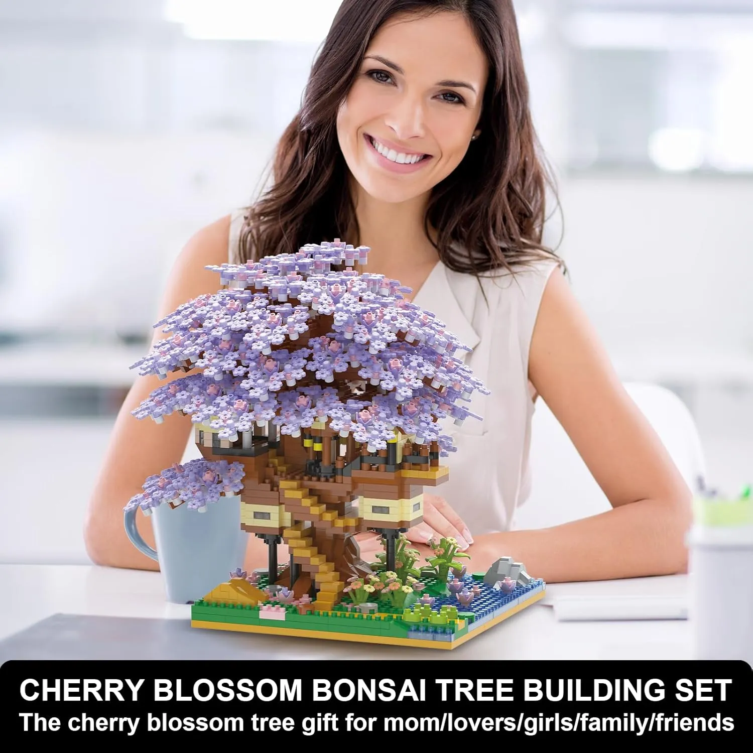 Cherry Blossom Tree Building Set,2229 Pcs Japanese Sakura Tree House Micro Blocks Toys,STEM Creative Purple Cherry Blossom Bonsai Trees Brick Flowers Set,Friendship Treehouse for Adult,Kid