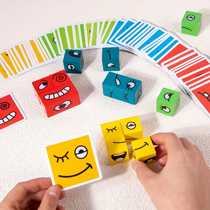 Children's wooden four persons battle, face changing facial expressions, magic cube building blocks