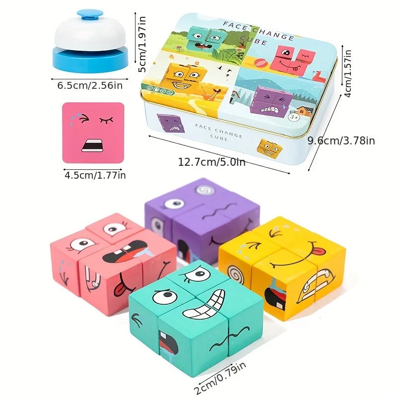 Children's wooden four persons battle, face changing facial expressions, magic cube building blocks
