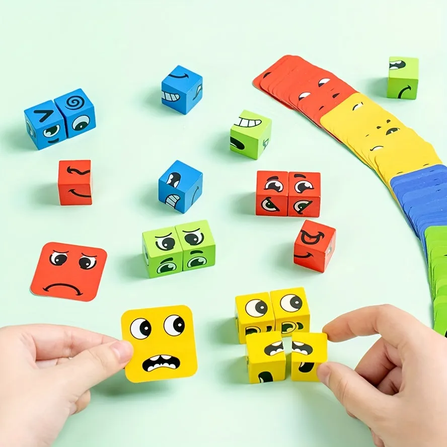Children's wooden four persons battle, face changing facial expressions, magic cube building blocks