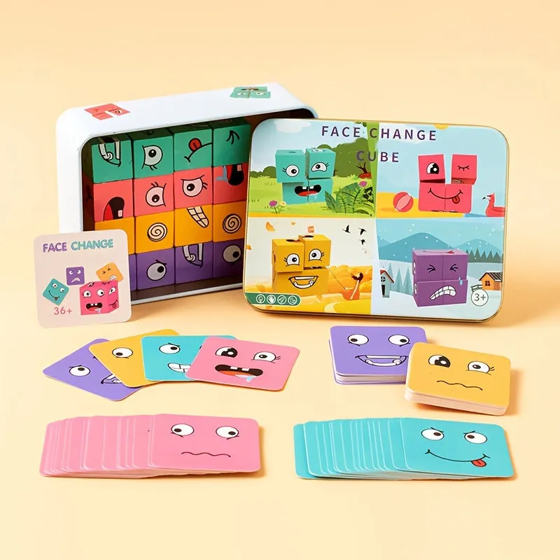 Children's wooden four persons battle, face changing facial expressions, magic cube building blocks