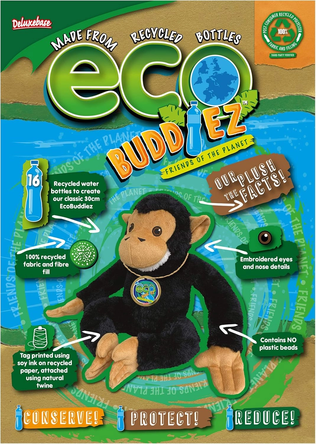 Chimp from Deluxebase. 8-inch Sustainable Plush Animal from Recycled Materials, Eco-Friendly Soft Stuffed Toy, Child-Safe Gift with Embroidered Eyes.