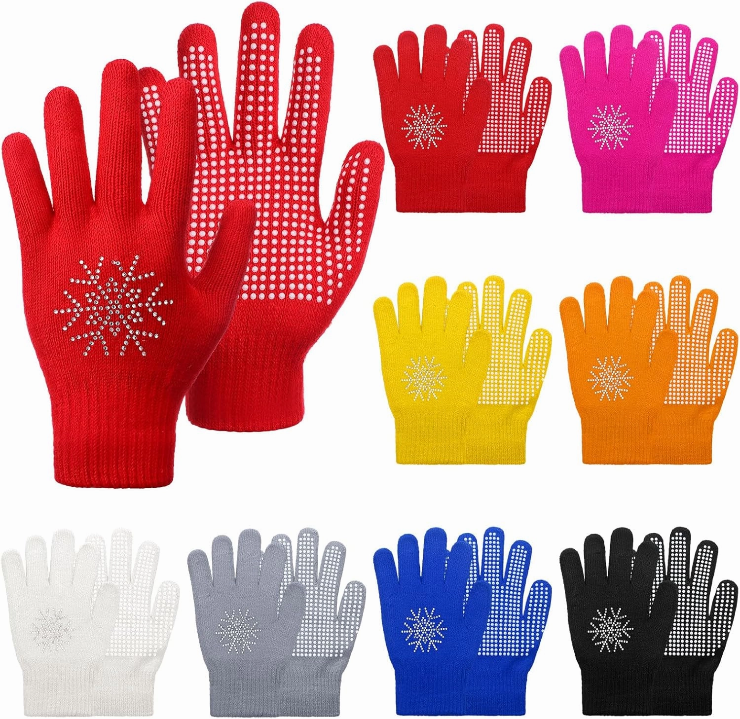 Chuarry 8 Pairs Ice Skating Gloves Figure Skating Accessories Anti Slip Gripper Colorful Knit Gloves for Teen Practice and Competition with Rhinestone Snowflakes