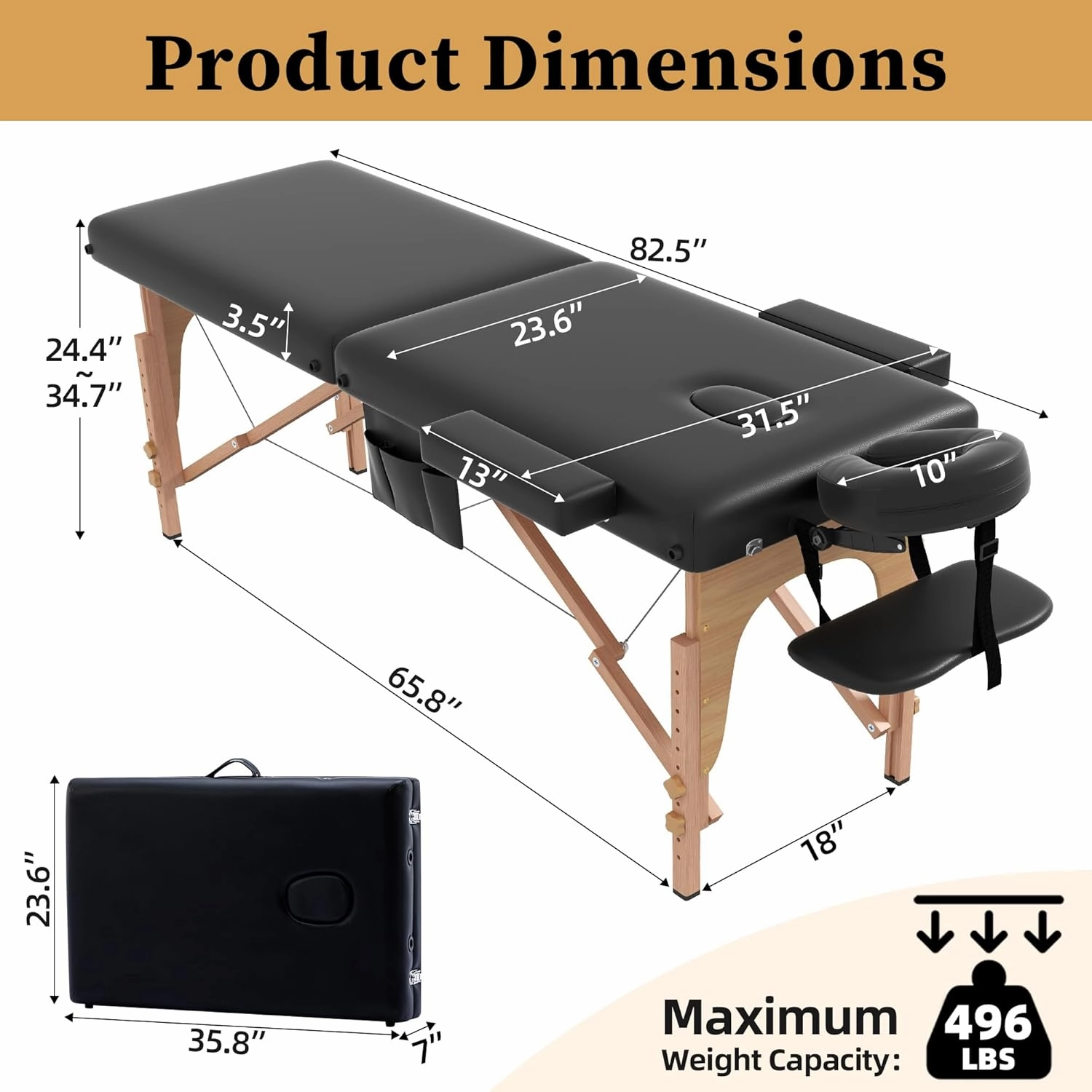 civama Massage Table Massage Bed Portable, 29 LBs Light Weight 2 Section Foldable Tattoo Bed Facial Care Spa Lash Bed Height Adjustable Sturdy Wooden Frame with Accessories Carrying Bag, Black