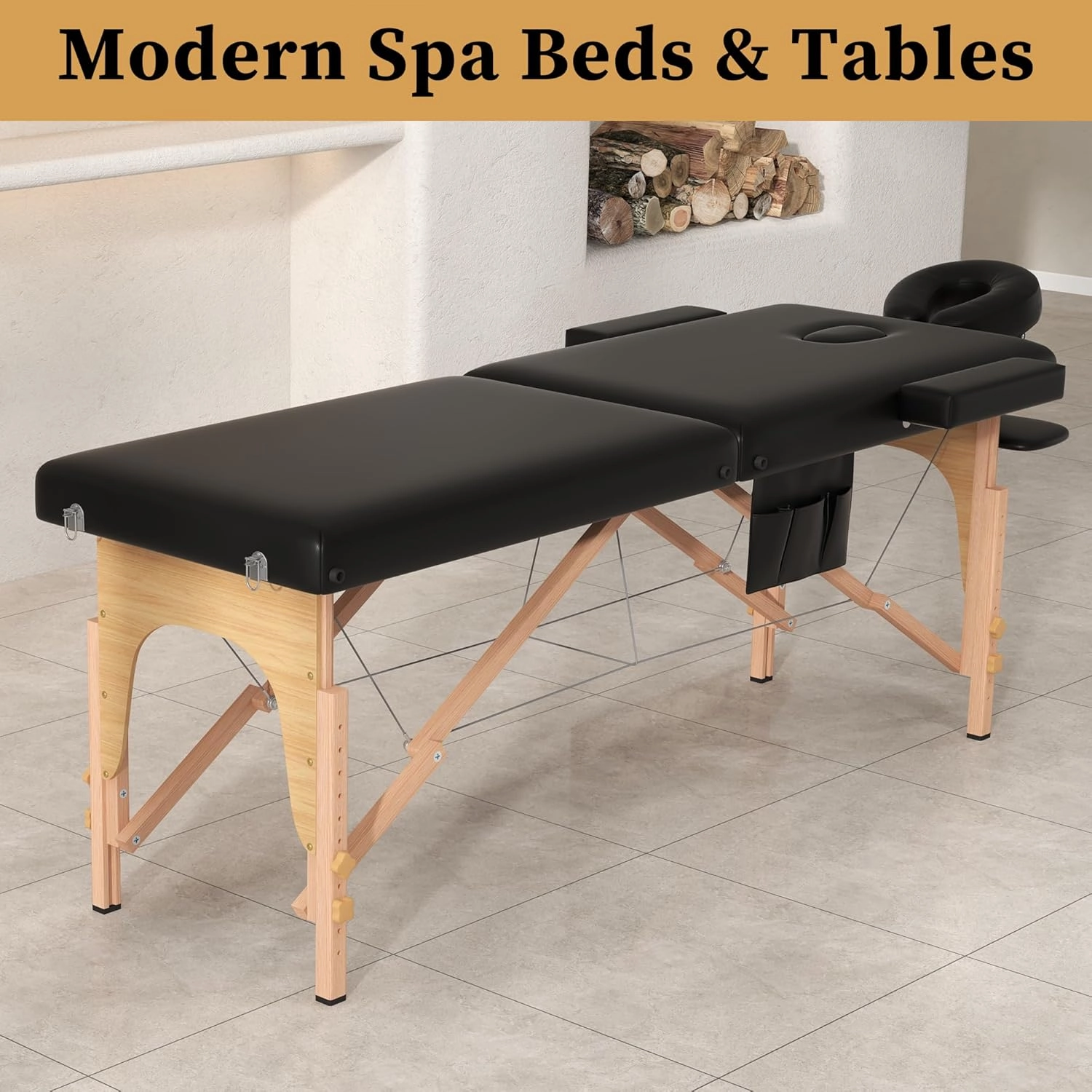 civama Massage Table Massage Bed Portable, 29 LBs Light Weight 2 Section Foldable Tattoo Bed Facial Care Spa Lash Bed Height Adjustable Sturdy Wooden Frame with Accessories Carrying Bag, Black