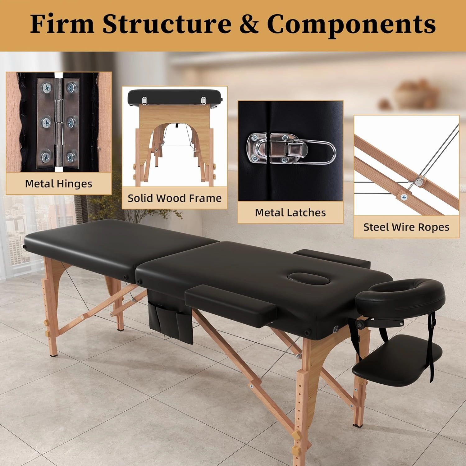 civama Massage Table Massage Bed Portable, 29 LBs Light Weight 2 Section Foldable Tattoo Bed Facial Care Spa Lash Bed Height Adjustable Sturdy Wooden Frame with Accessories Carrying Bag, Black