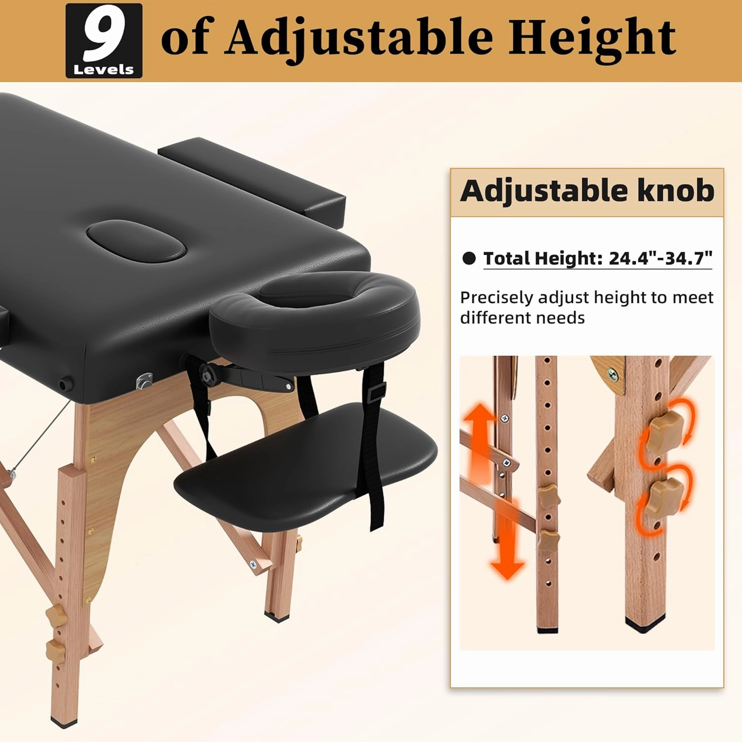 civama Massage Table Massage Bed Portable, 29 LBs Light Weight 2 Section Foldable Tattoo Bed Facial Care Spa Lash Bed Height Adjustable Sturdy Wooden Frame with Accessories Carrying Bag, Black