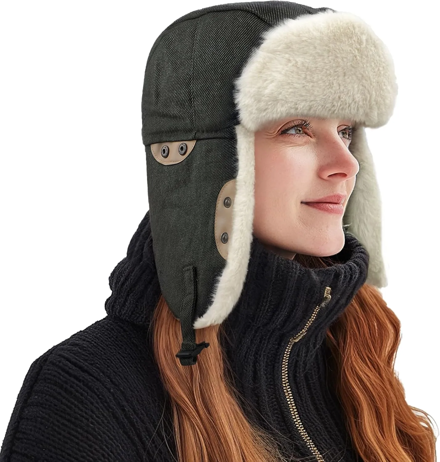 Clakllie Faux Fur Trapper Hat Warm Eskimo Hat Russian Trooper Hats Unisex Earflaps Hat with Chin Strap Winter Snow Cap