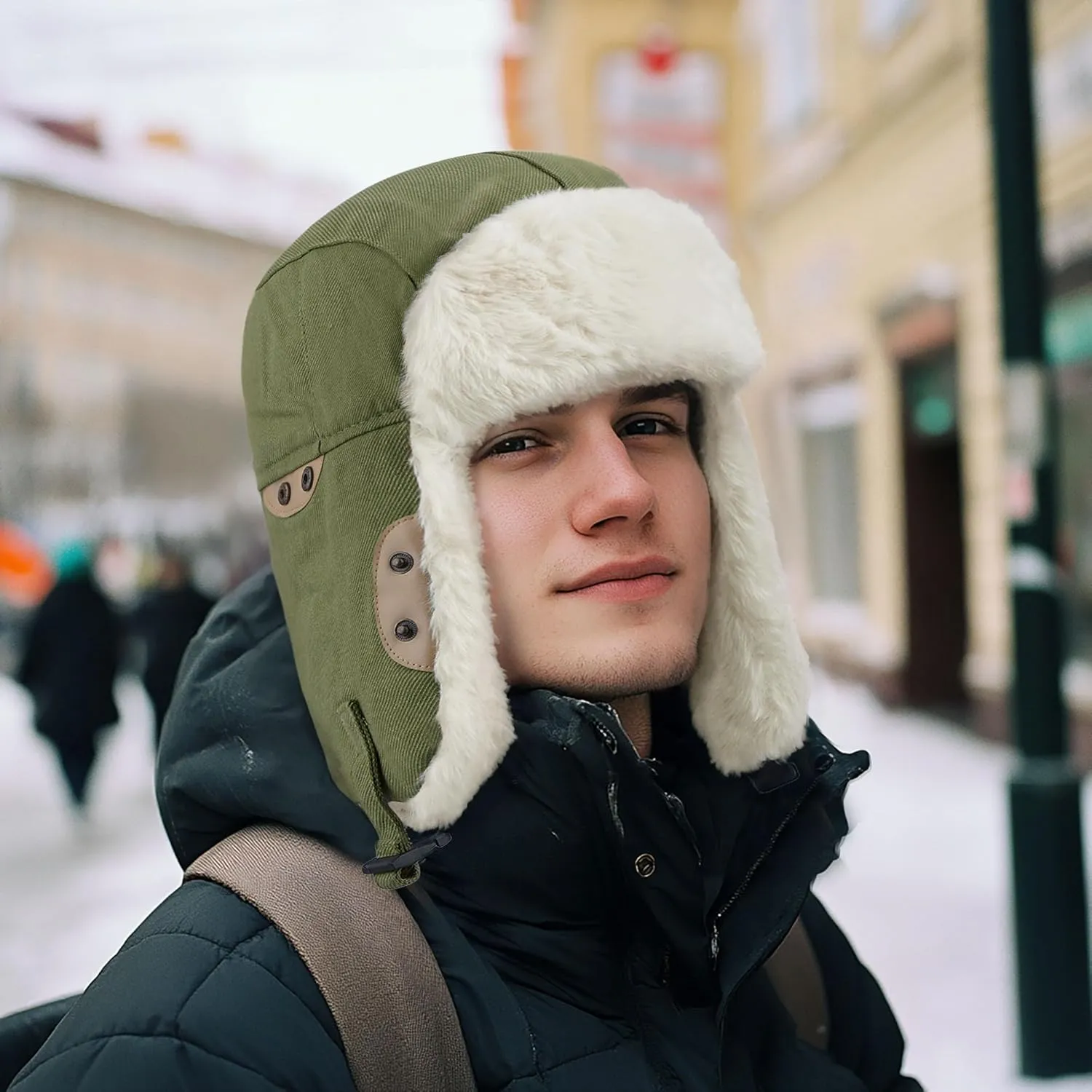 Clakllie Faux Fur Trapper Hat Warm Eskimo Hat Russian Trooper Hats Unisex Earflaps Hat with Chin Strap Winter Snow Cap