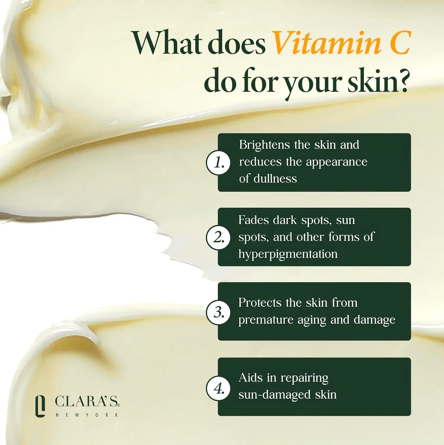 CLARA'S NEW YORK | Brightening Vitamin C Moisturizer Face Cream | with Hyaluronic Acid | Acne Scars Dark Spots Reduce Fine Lines, Healthy Glowing Skin | Non-sticky, Fast-absorbing | 50ml MADE IN USA
