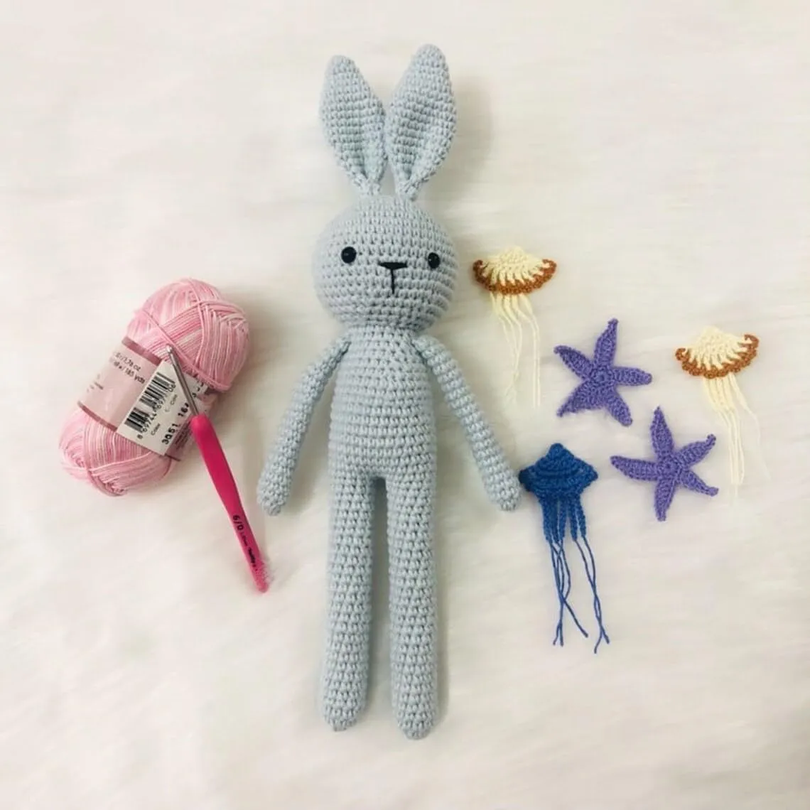 Classic Long Eared Amigurumi Bunny, Handmade Knitted Amigurumi Rabbit, Crochet Bunny, Amigurumi Rabbit, Long Eared Rabbit, Bunny Doll Skinny Knit Crochet Kids Toddler Sleeping (Grey Rabbit)