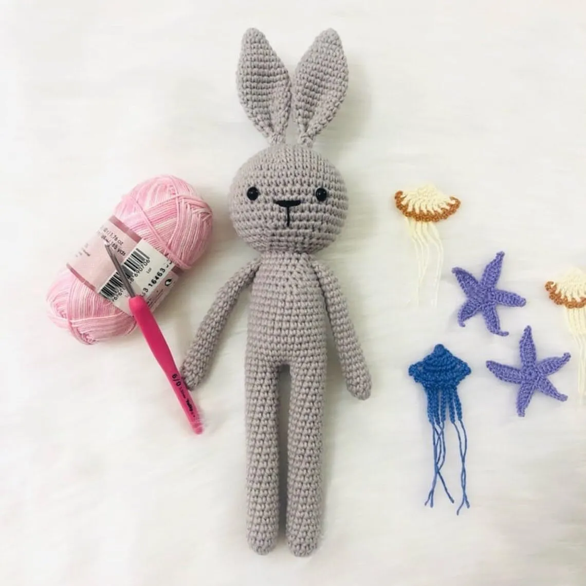 Classic Long Eared Amigurumi Bunny, Handmade Knitted Amigurumi Rabbit, Crochet Bunny, Amigurumi Rabbit, Long Eared Rabbit, Bunny Doll Skinny Knit Crochet Kids Toddler Sleeping (Grey Rabbit)