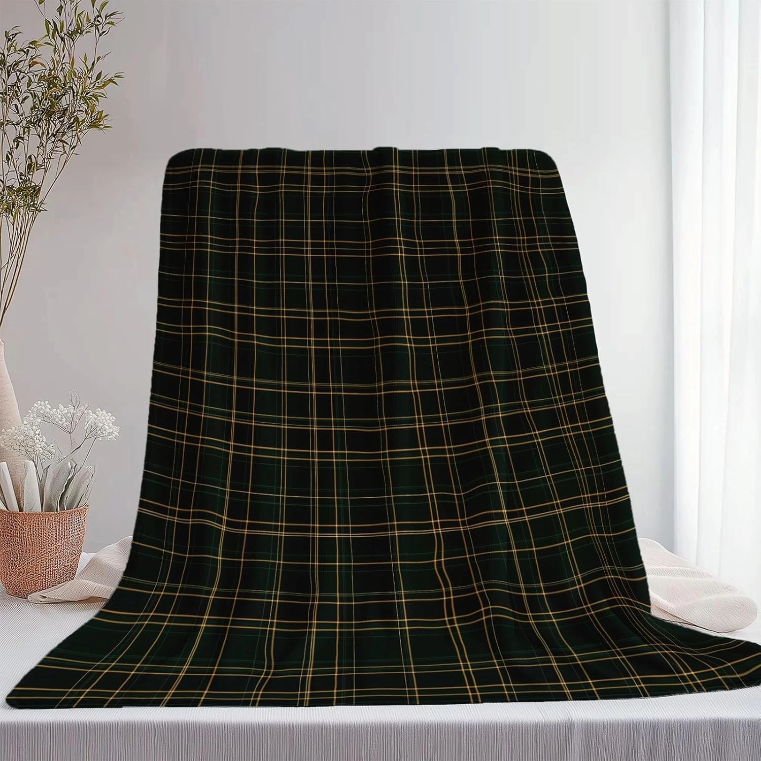 Classic Plaid Calm Prints Throw Blanket 60" x 80", Cozy and Soft Cozy Fuzzy Plush Flannel Kids Throw Blanket Suitable for Sofa Bed Sofa Camping Home Decoration Green Yellow