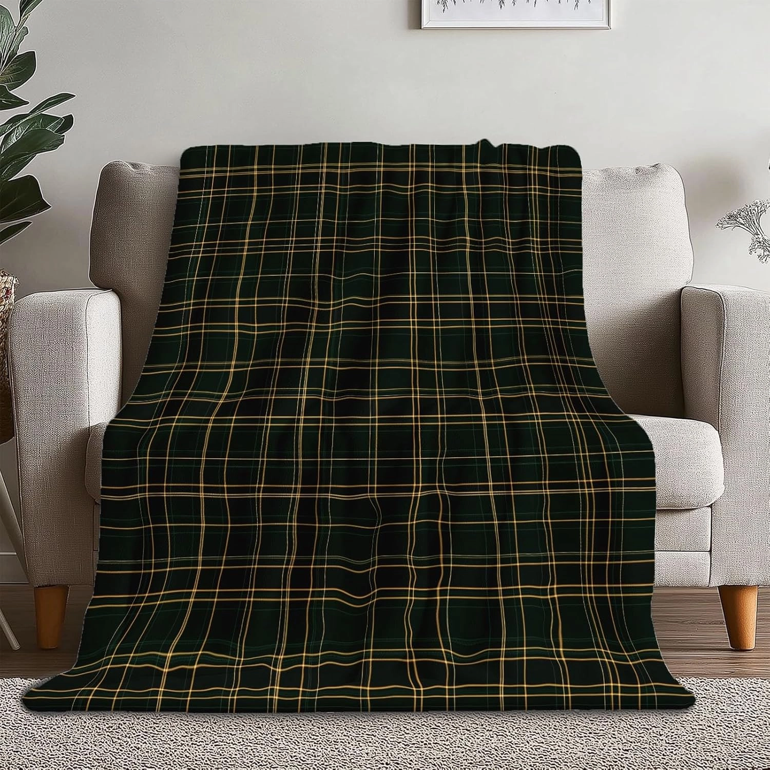 Classic Plaid Calm Prints Throw Blanket 60" x 80", Cozy and Soft Cozy Fuzzy Plush Flannel Kids Throw Blanket Suitable for Sofa Bed Sofa Camping Home Decoration Green Yellow