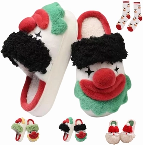 Clown Slippers, Cartoon Halloween Slippers, Christmas Santa Slippers Cute Winter Plush Furry House Shoes for Women Men