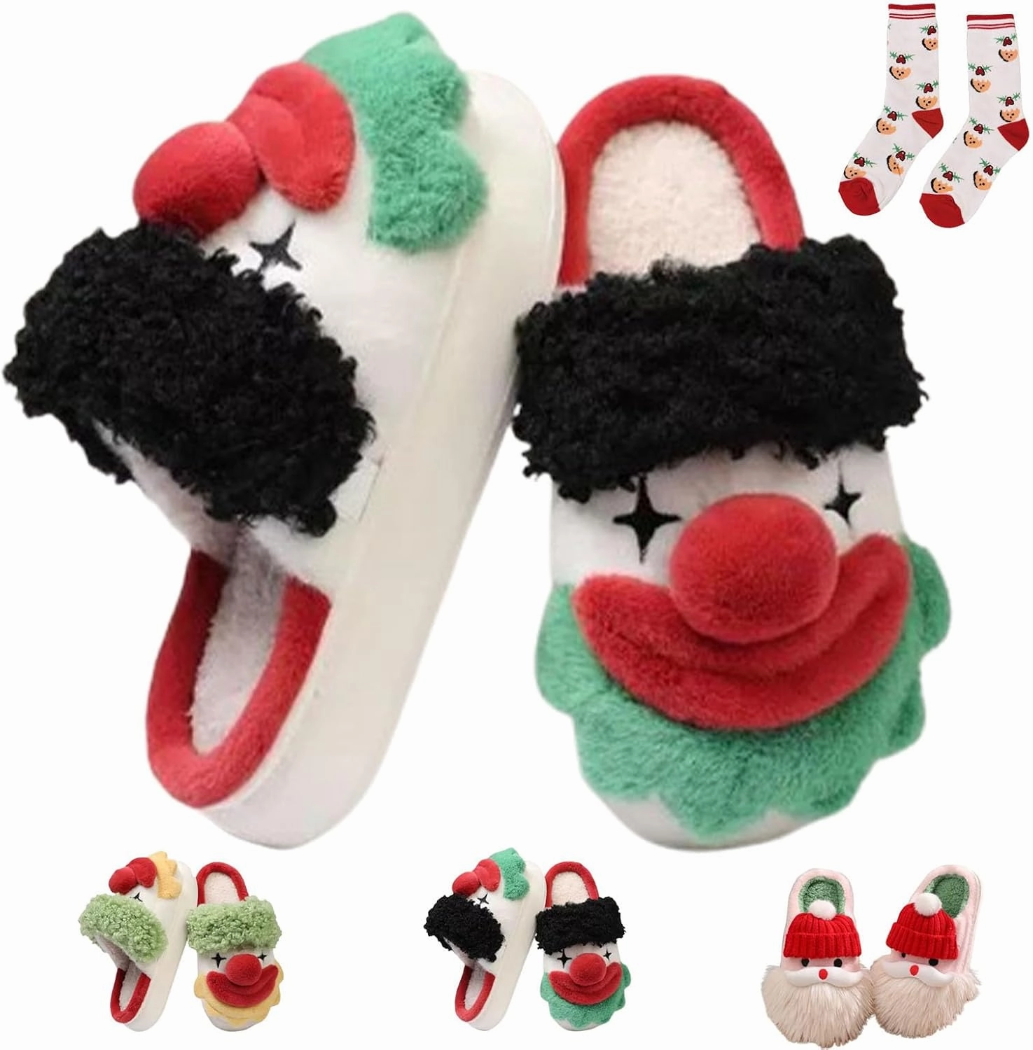 Clown Slippers, Cartoon Halloween Slippers, Christmas Santa Slippers Cute Winter Plush Furry House Shoes for Women Men