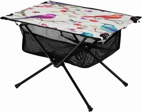 Colorful Birds Pattern Portable Folding Camping Table, Compact Lightweight Beach Table with Carrying Bag for Outdoor Picnics, BBQs, Camp