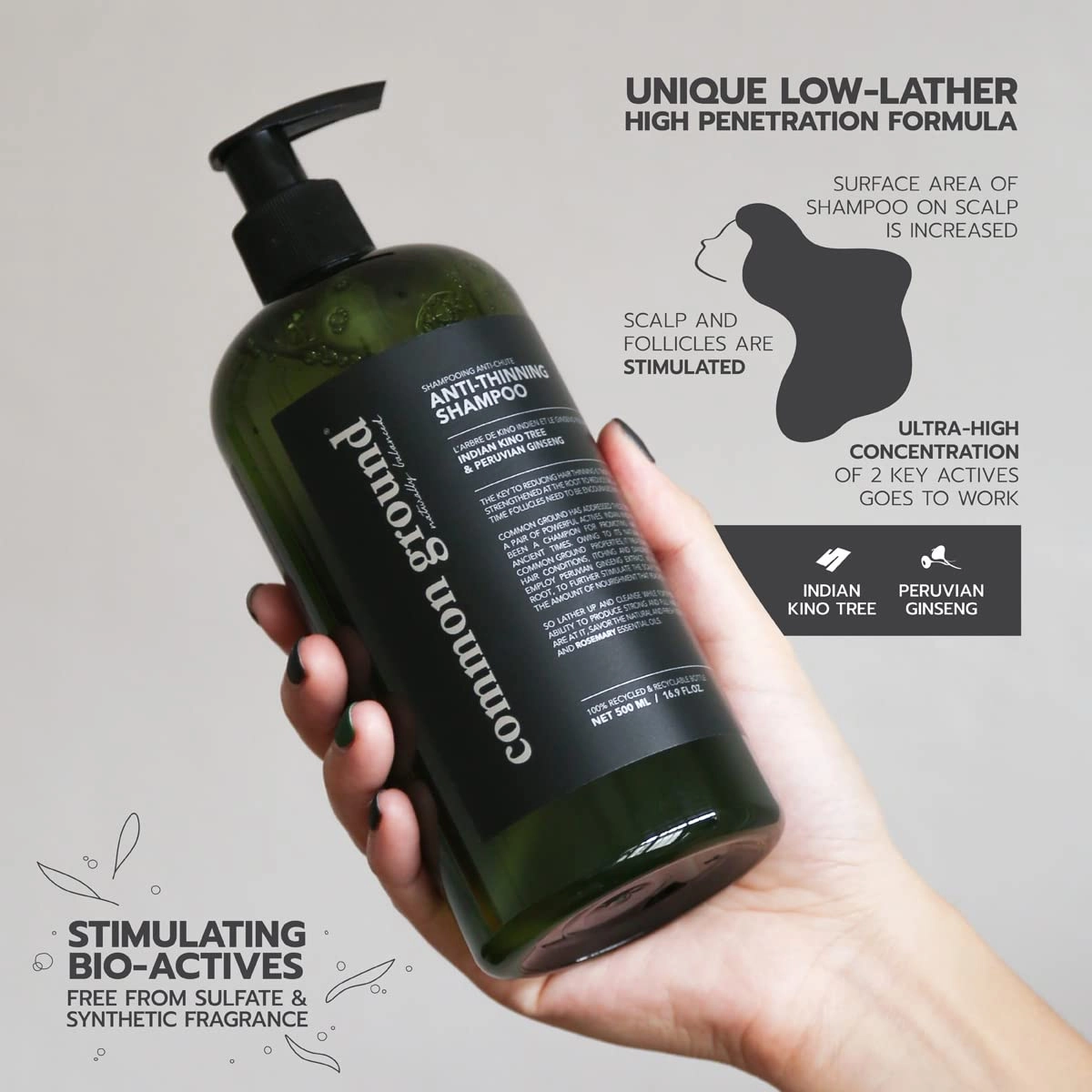Common Ground Natural Anti-Thinning Shampoo, Sulphate, Paraben & Cruelty Free, Organic, Vegan, Plant-Based, Bergamot & Rosemary Scent, Kino Tree & Ginseng DHT Blockers, for All Hair Types, Men & Women
