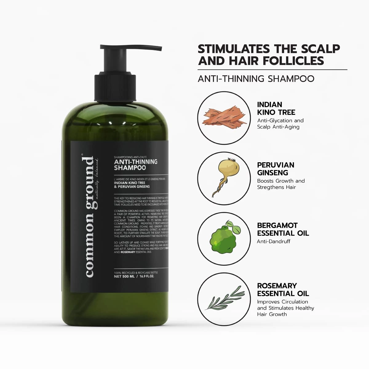 Common Ground Natural Anti-Thinning Shampoo, Sulphate, Paraben & Cruelty Free, Organic, Vegan, Plant-Based, Bergamot & Rosemary Scent, Kino Tree & Ginseng DHT Blockers, for All Hair Types, Men & Women