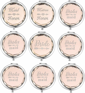 Compact Pocket Makeup Mirrors Set - 9 Piece Wedding Gifts: Bride, Maid of Honor, Matron of Honor & 6 Bridesmaid Mirrors - Champagne
