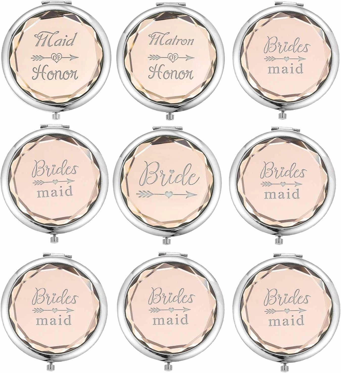 Compact Pocket Makeup Mirrors Set - 9 Piece Wedding Gifts: Bride, Maid of Honor, Matron of Honor & 6 Bridesmaid Mirrors - Champagne