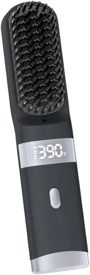 Cordless Hair Straightener Brush Portable on The go Comb for Travel USB chargingTwo Power sources30s Fast HeatingLCD Large Screen Display (Black)
