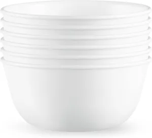Corelle Vitrelle 6-PC Medium 28-oz Glass Soup/Cereal Bowls Set, Chip & Crack Resistant Dinnerware Bowls for Soup, Ramen, Cereal and More, Winter Frost White