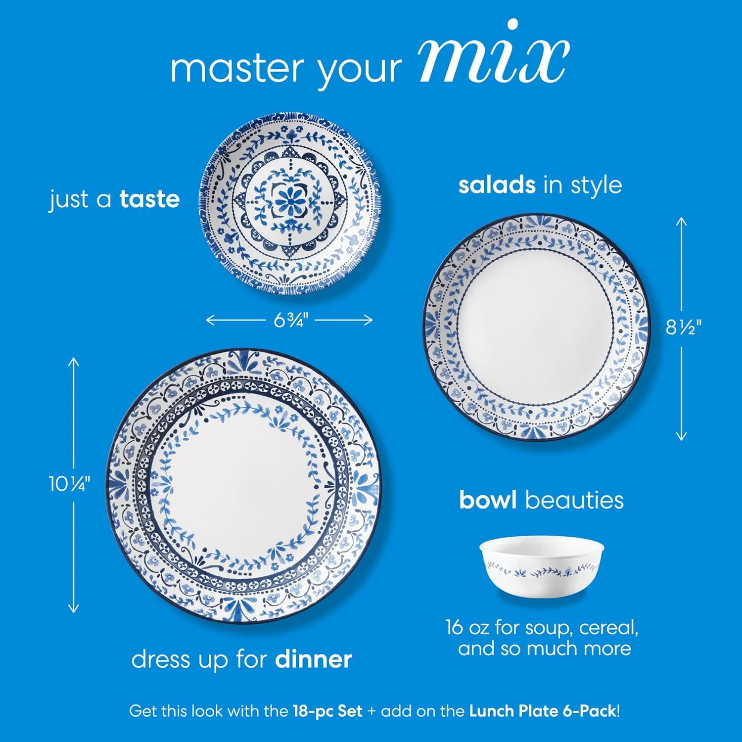 Corelle Vitrelle Salad Plates Set, Triple Layer Glass and Chip Resistant, 9-Inch Lightweight Round Plates, Portofino, Caspian, 6-Piece