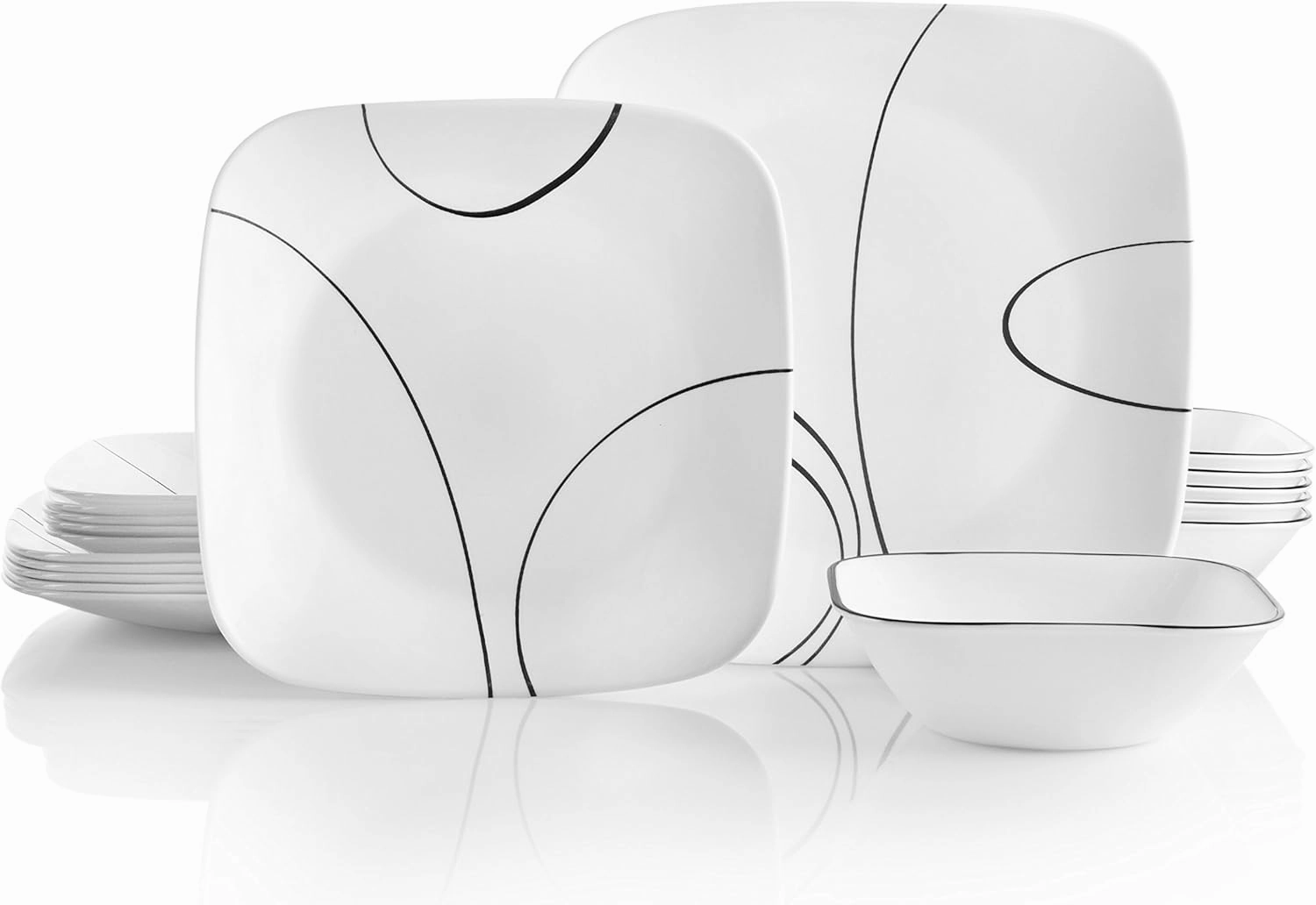 Corelle 18-Piece Service for 6 Dinnerware Set, Triple Layer Glass and Chip Resistant, Lightweight Square Plates and Bowls Set, Simple Lines