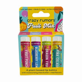 Crazy Rumors Fruit Mix Lip Balm 4-Pack Mix 100% Natural, Vegan, Plant-Based, Made in USA