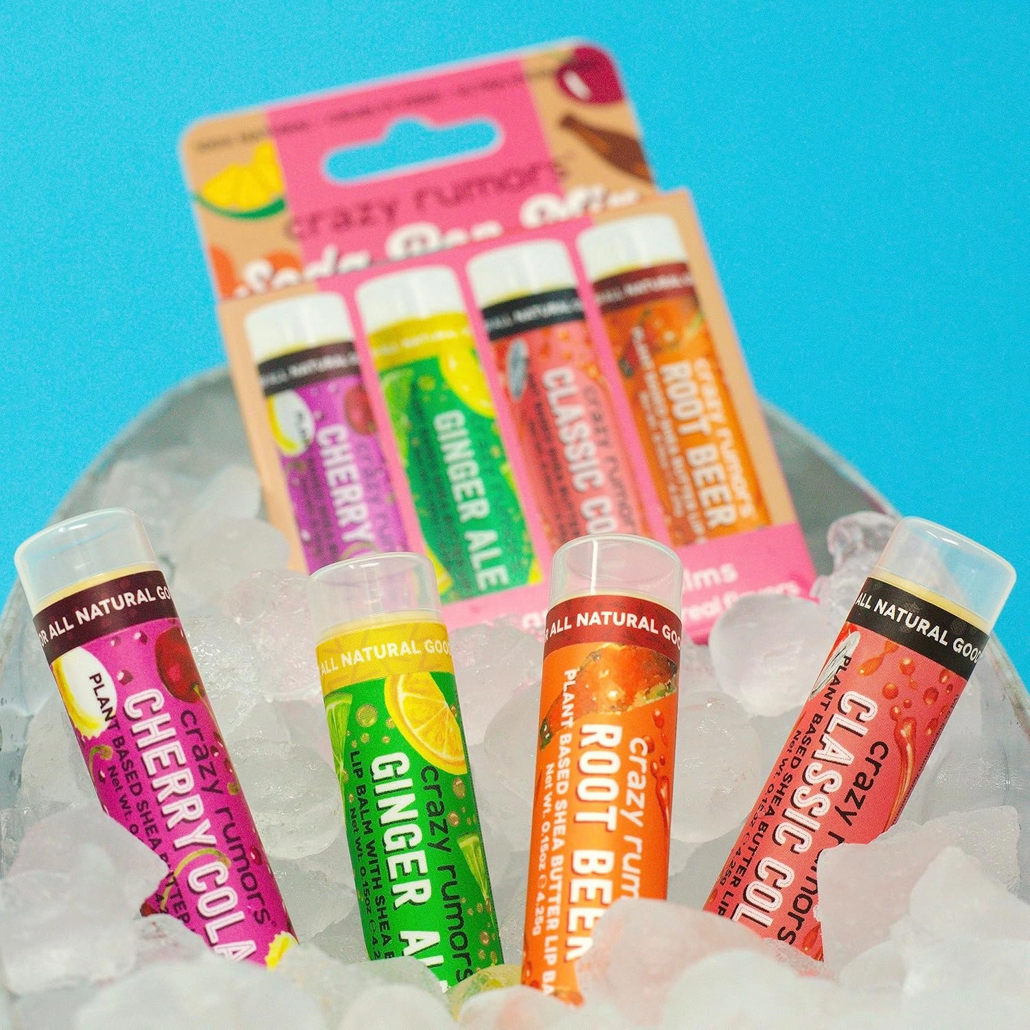 Crazy Rumors Soda Pop Mix Lip Balm 4-Pack Mix (Cherry Cola, Ginger Ale, Classic Cola, Root Beer) 100% Natural, Vegan, Plant-Based, Made in USA