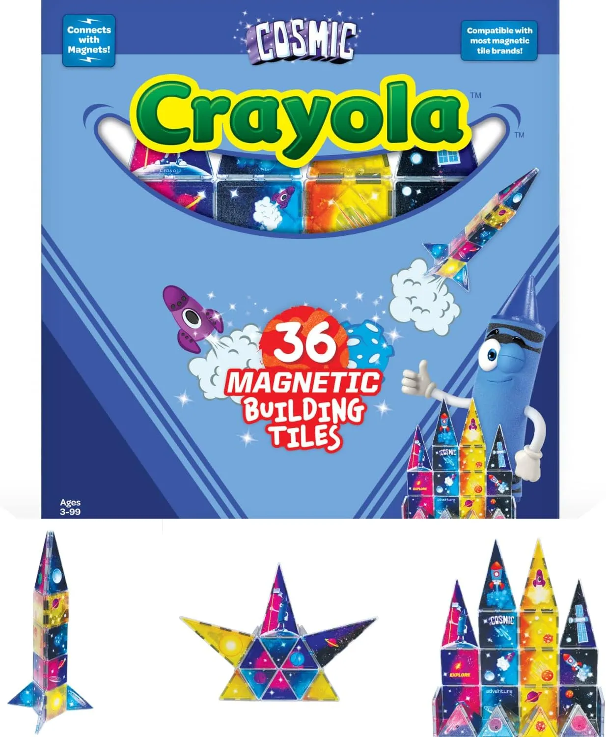 CreateOn Crayola Cosmic Magnetic Tiles, Building Set for Kids, Magnetic Building Toys for Kids, STEM Learning Toys for Boys and Girls Ages 3 and Up - 36-Pieces (Cosmic)