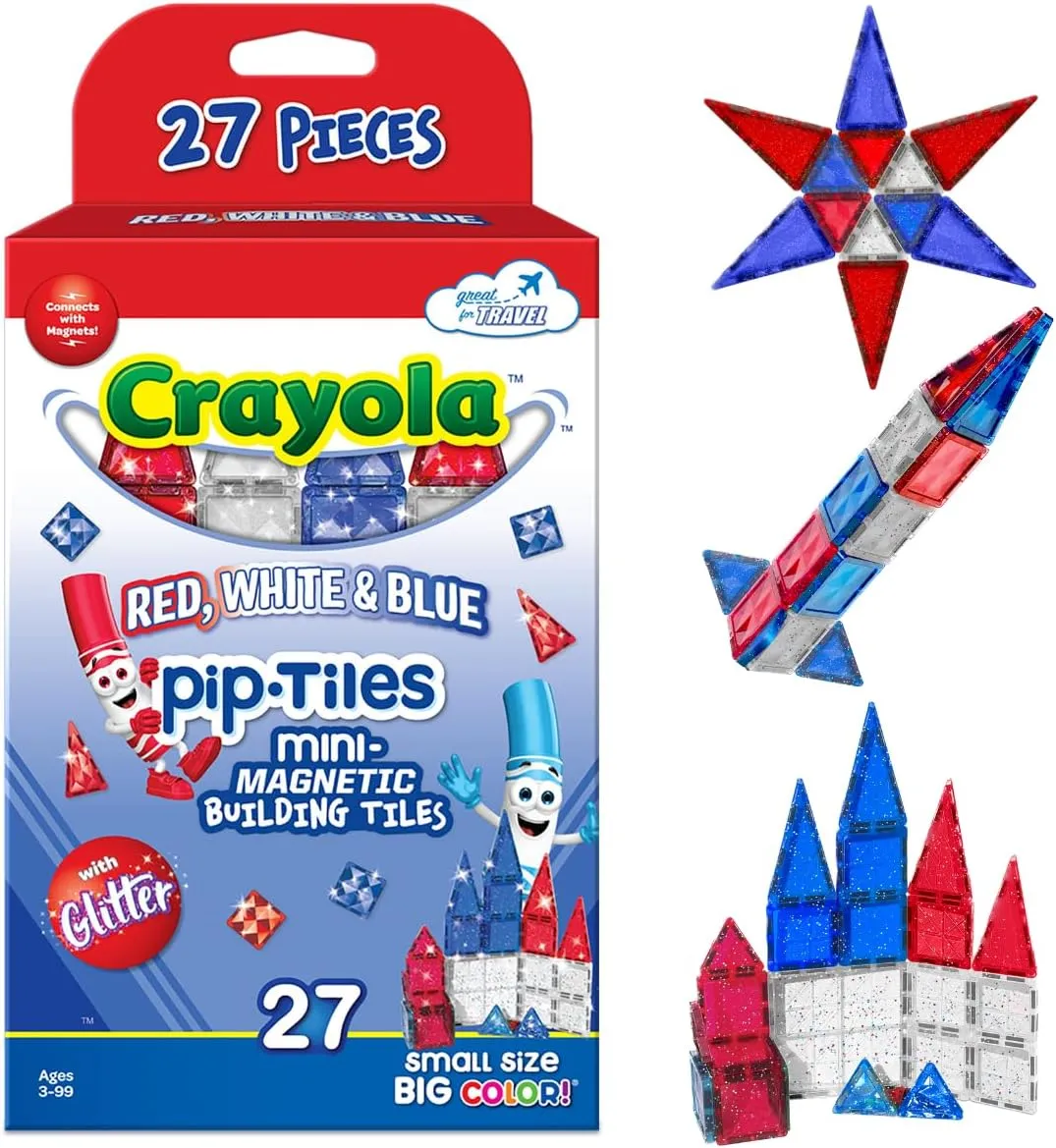 CreateOn Crayola Red, White & Blue PIP Magnetic Tiles 27pc, Magnetic Kids’ Building Toys, STEM Learning Travel Toys for Boys and Girls, 27-Piece Set