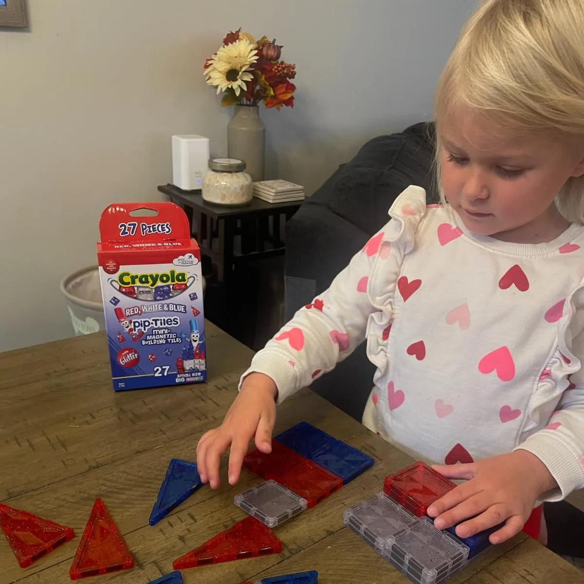 CreateOn Crayola Red, White & Blue PIP Magnetic Tiles 27pc, Magnetic Kids’ Building Toys, STEM Learning Travel Toys for Boys and Girls, 27-Piece Set