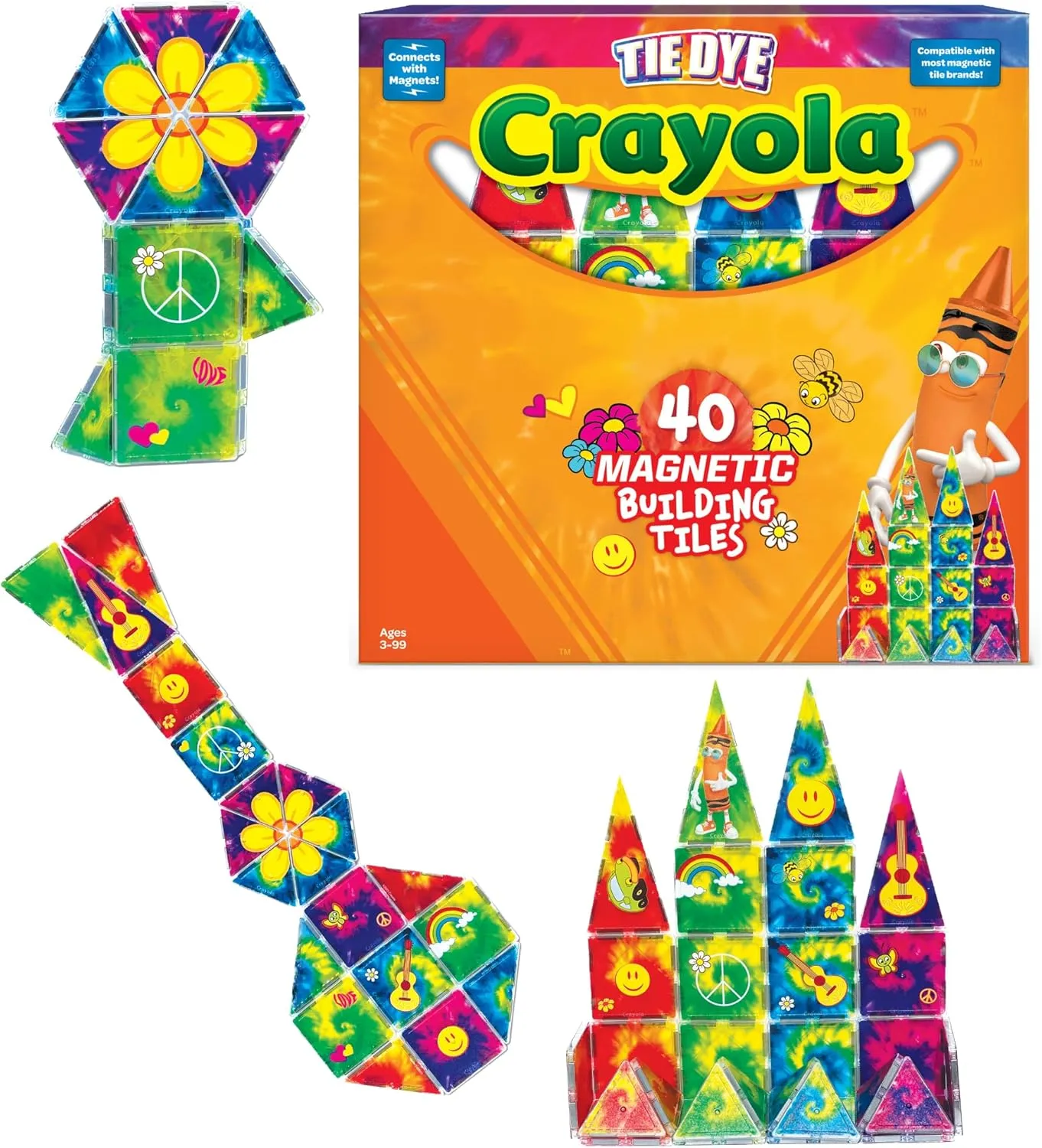 CreateOn Crayola Tie-Die Magnetic Tiles, Building Set for Kids, Magnetic Building Toys for Kids, STEM Learning Toys for Boys and Girls Ages 3 and Up, 40-Piece Set (Tie-Die)