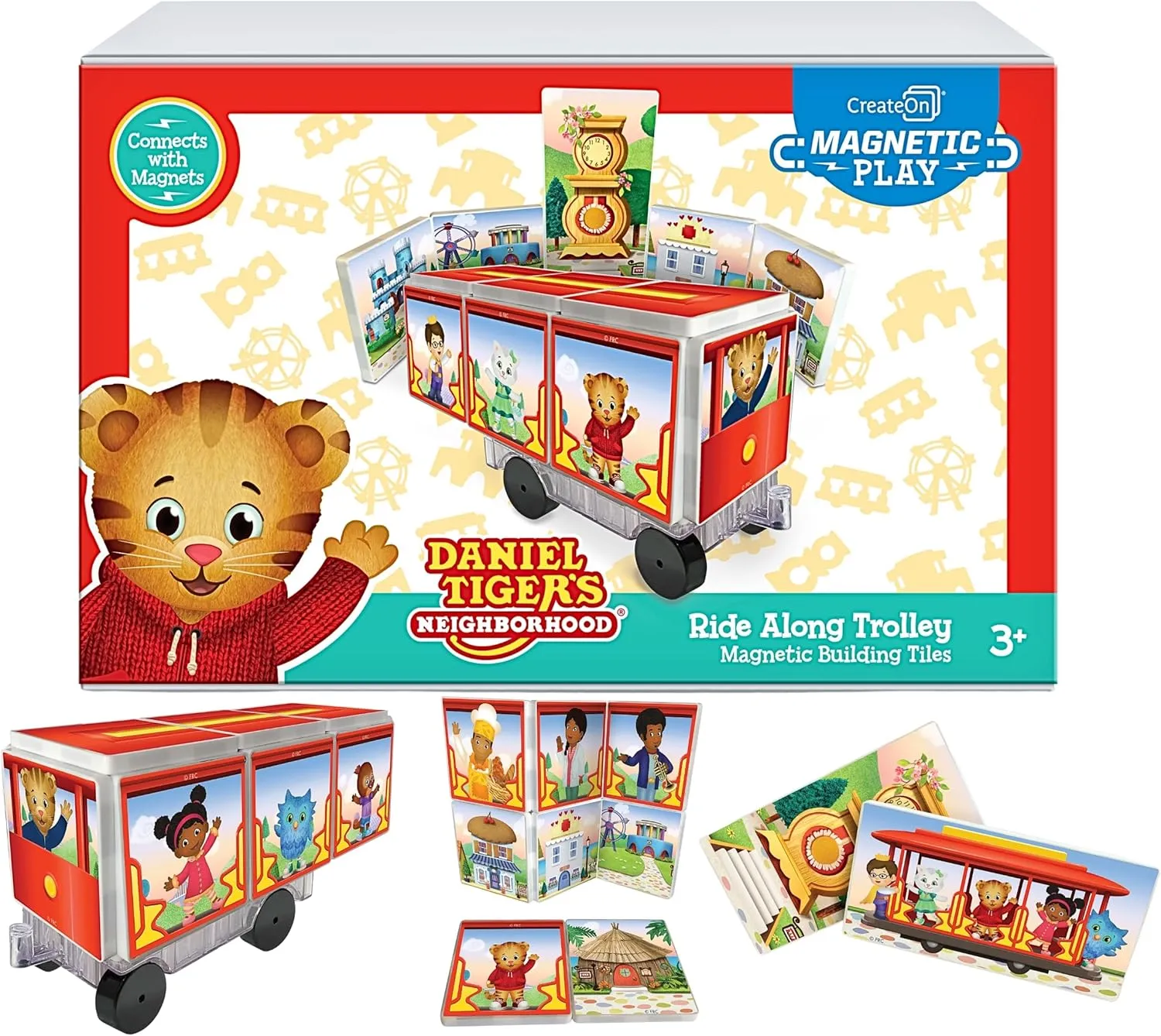 CreateOn Daniel Tiger’s Neighborhood: Neighborhood Trolley Magnetic Tiles Structure Set, Building Toys for Kids, Educational Stem & Montessori Tools for Ages 3 , 15 Pieces