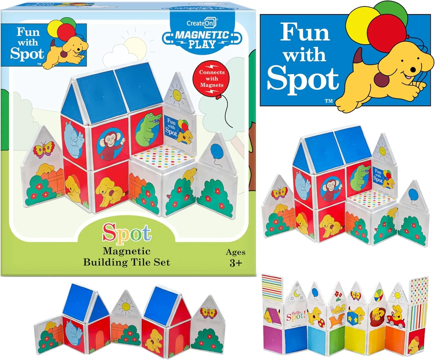 CreateOn Fun with Spot Magnetic Tiles, Building Set for Kids, Magnetic Tiles, Kids’ Building Toys, STEM Toys for Boys and Girls Ages 3 , 24-Piece Set (Fun with Spot)
