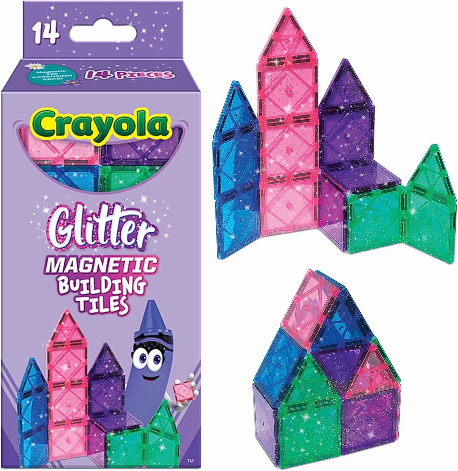 CreateOn Crayola Magnetic Tiles, Building Set for Kids, Magnetic Toys for Kids, Travel Toys, Classroom Sensory Toy Blocks, STEM & Montessori Tools for Boys & Girls Ages 3 , 14-Piece Set (Glitter)