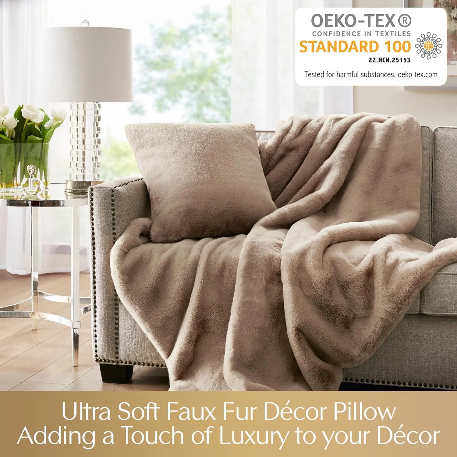 Croscill Décor Pillow, Luxurious Long Faux Fur Plush Removable Cover with Brand Insignia Zipper, All Season & Skin Friendly Poly Filling Décor Pillow Insert, Sable, Square, 20x20, Golden